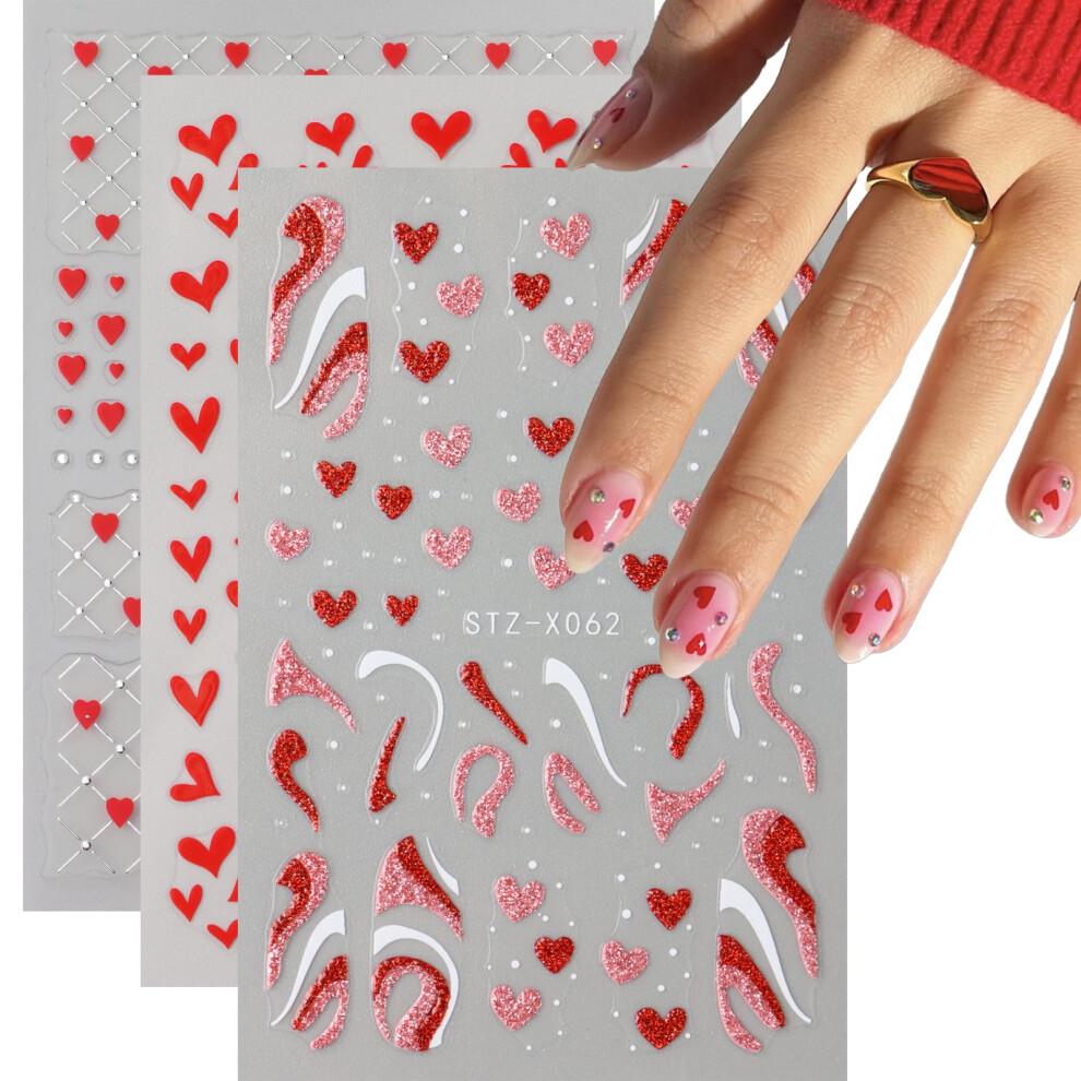 Red Valentine's Day Nail Stickers Heart Glitter Decals Waterproof Selfadhesive Nail Art
