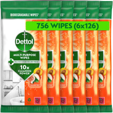 Dettol Antibacterial Multipurpose Cleaning Wipes, Summer Fruit, 756 Wipes (126 x 6pck) Disinfectant, Biodegradable, 10X Cleaning power vs Water alone