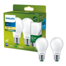 PHILIPS Ultra Efficient - Ultra Energy Saving Lights, LED Light Source, 60W, E27, A60, Frosted Glass, Warm White Light, 2700 Kelvin, Non dimmable, 2-