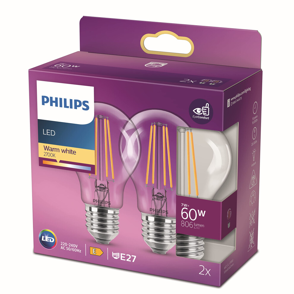 Philips Led Classic A60 Bulb Set Of 2 [E27 Edison Screw] 7W = 60W Equivalent, Warm (2700K), Non Dimmable Light/White