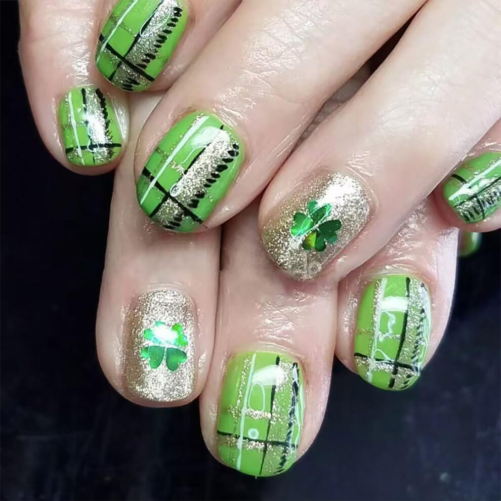Short Square Press On Nails St. Patrick's Day Green Glitter Clover Design Reusable Fake Nails Kit 24pcs