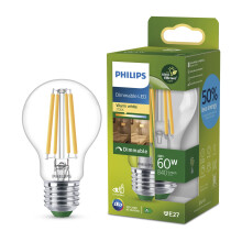 PHILIPS LED Light Bulb Classic, UltraEfficient, 60W, 840Lm, A60, E27 2700K, Clear Glass, dimmable