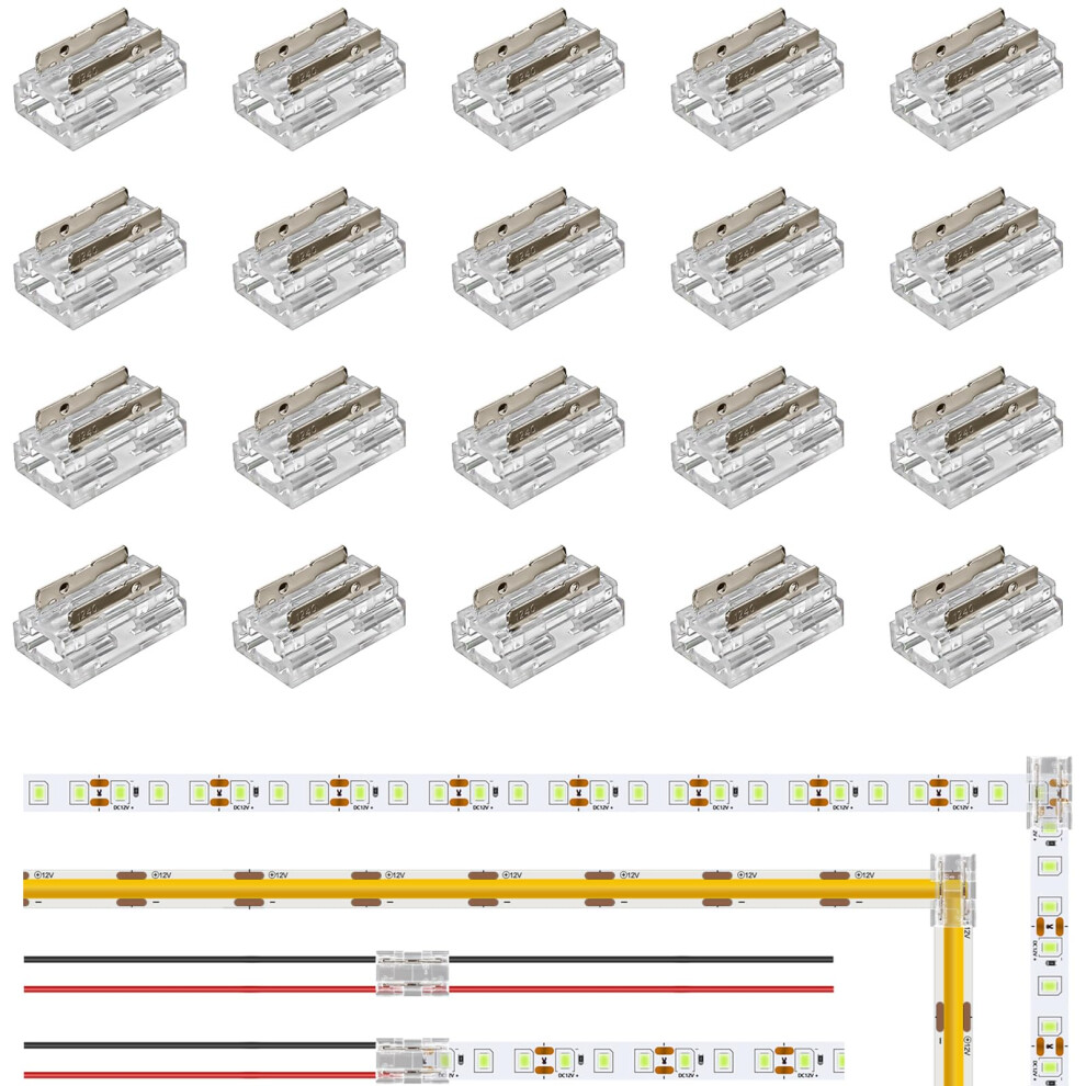 Aroidful 20Pcs 8-In-1 2 Pin 10Mm Led Strip Light Connectors, Cob Light Connector Gapless Solderless Connection For 0-36V Cob/Smd 2835/3528 Single Col 92422230