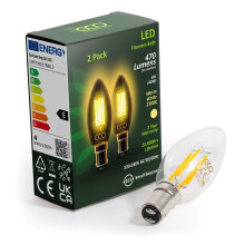 ECO 40W Equivalent 4W LED Filament Candle Light Bulb, 470 Lumens, Warm White 2700K, B15 Small Bayonet, 25,000hrs Lifetime. (2xPACK)
