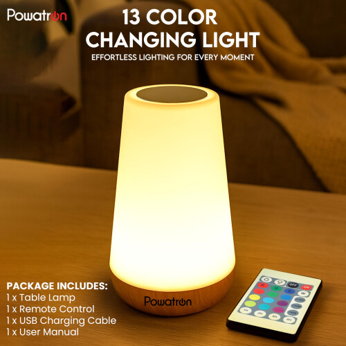 Powatron Colour Changing LED Night Light - Rechargeable USB LED Touch Bedside Table Lamp - 13 Color Changing Ambient Lamp with Timer Function - Mood 2