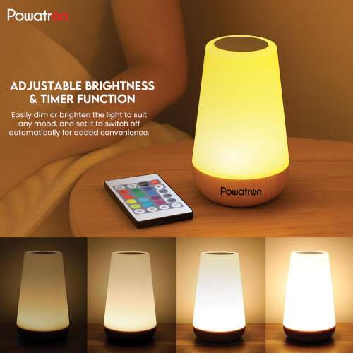Powatron Colour Changing LED Night Light - Rechargeable USB LED Touch Bedside Table Lamp - 13 Color Changing Ambient Lamp with Timer Function - Mood 1