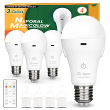 Neporal MagicGlow Rechargeable Light Bulbs with Remote, 3 Color Shift + Dimmable Battery Powered Light Bulbs, USB Rechargeable, A19 Emergency LED Lig