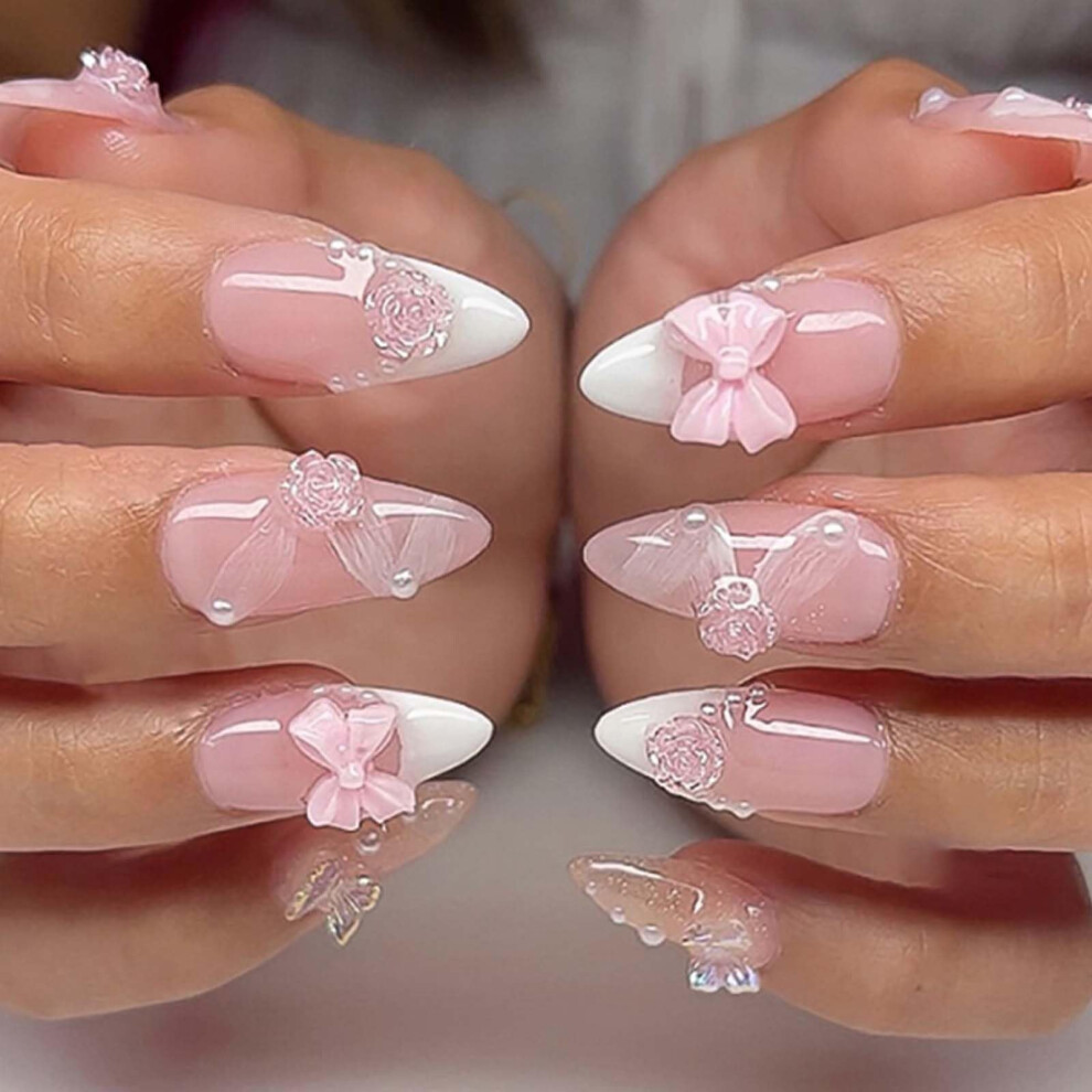 French Almond Press On Nails Short Nude Fake Nails with Pearl Bow, SalonQuality 24PCS