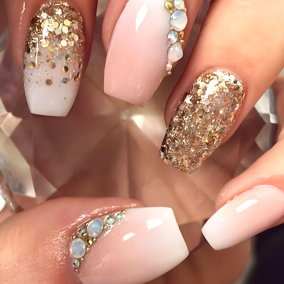 White,Gold Coffin Press On Nails Short Fake Nails With Rhinestones Pearls Gold Glitter White Gradient 24Pcs