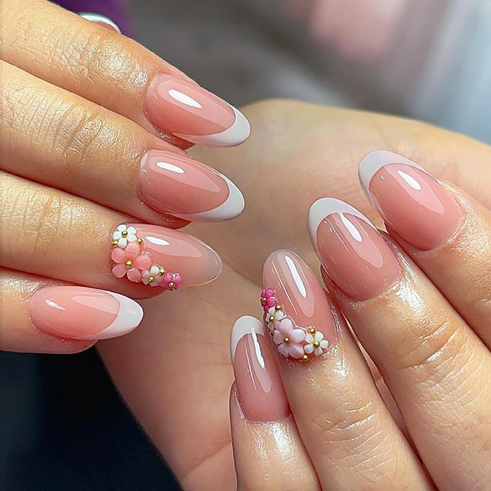 White French Tip Press On Nails Medium Almond Fake Nails With Floral Design Salonquality 24Pcs