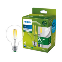 Philips Ultra Efficient - Ultra energy saving lights, LED light source, 60W, G95, E27, Cool White 4000 kelvin, clear