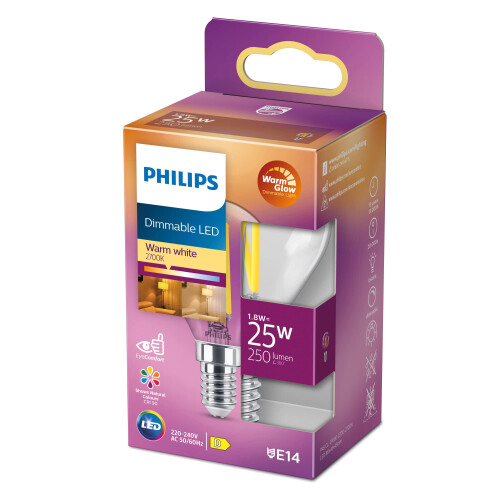 Philips Philips LED Classic E14 WarmGlow Lamp, 25 W, Teardrop Shape, Dimmable, Clear, Warm White 1