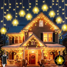 Dalugo Icicle Christmas Lights, 240 LED 10M Warm White Snowflake Icicle Lights Outdoor with Memory Function, 6H Timer, 8 Modes Waterproof Mains Power