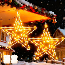 Cozymeow Christmas Star Window Lights 2 Pack 75 LED Star Lights Battery Operated with Timer, Waterproof Large Metal Hanging Christmas Tree Light for