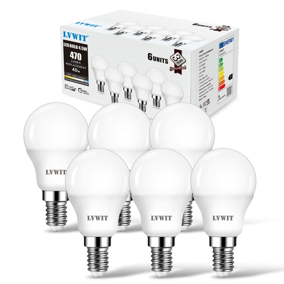 Lvwit E14 Led Bulb, Small Screw Bulb, 4.5W 470Lm, 40W Equivalent, Cool 6500K, Energy Saving P45 Led Bulb, 220-240V, Non-Dimmable, P Light/White 87093179