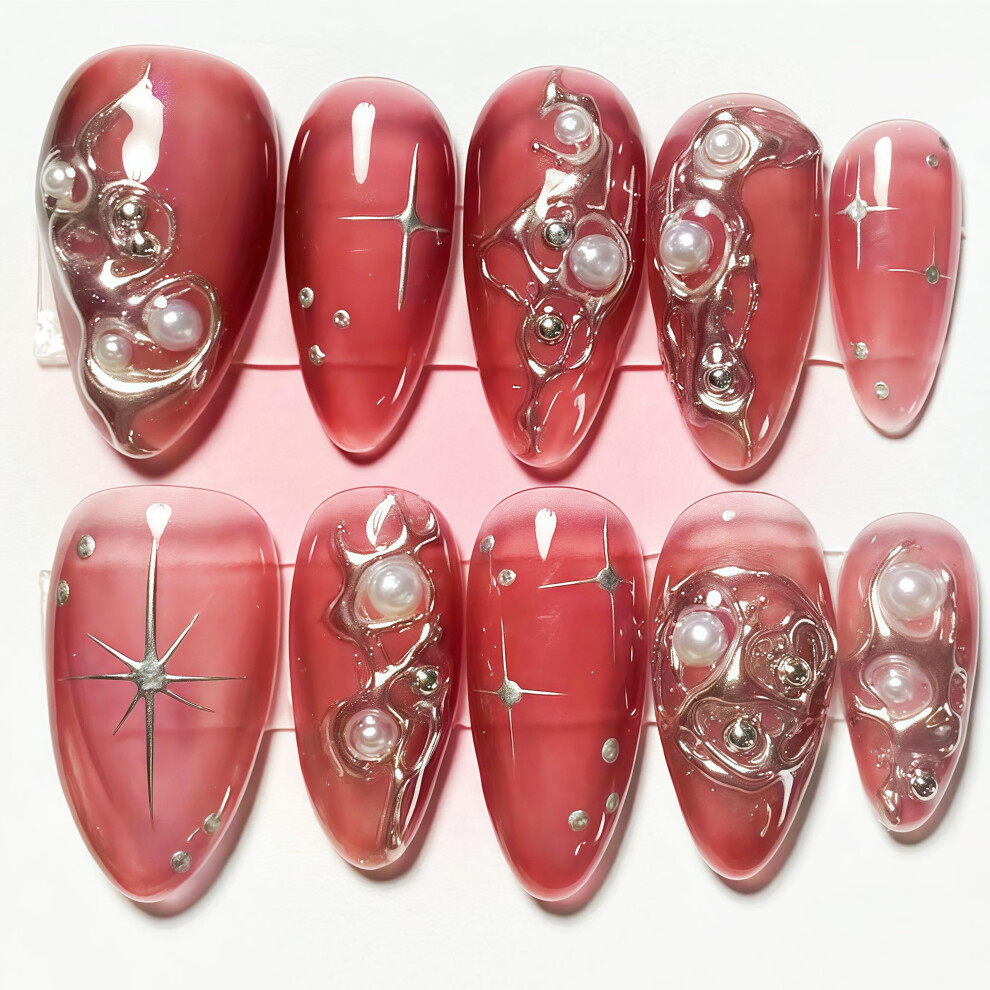Silver Medium Almond Press On Nails With Pearls And Stars, Reusable Gradient Fake Nails 24Pcs
