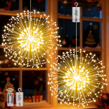 yowin Hanging Christmas Firework Lights 2 Pack 198 LED Starburst Lights Battery Operated with Remote, 8 Modes Waterproof Hanging Christmas Window Lig