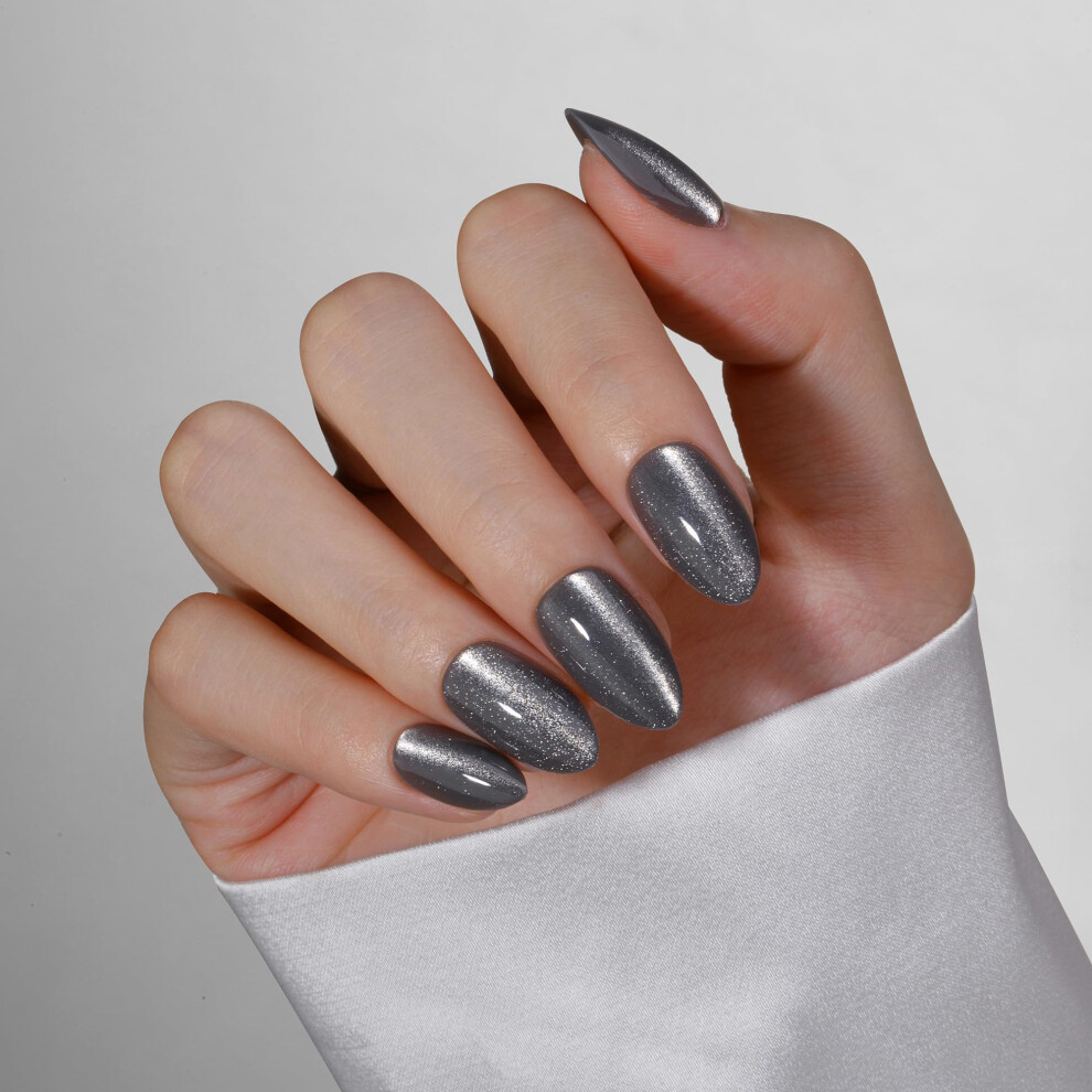 Silver Short Almond Press On Nails 24Pcs Glitter Fake Acrylic Nails Salonquality Reusable Set