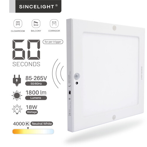 SINCELIGHT PIR Motion Sensor 18W LED Ceiling Light (Square), Automatically ON/Off, Movement Activated, Dual Mode Turnable, Neutral White 4000K, Surfa 1