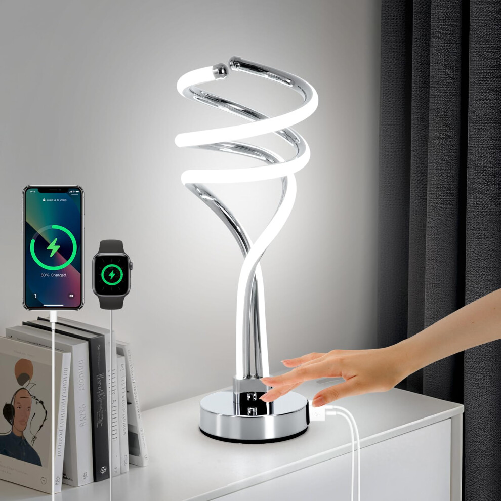 Eidisuny Modern Led Table Lamp, 3 Color Temperatures,Touch Control Curve Dimmable Bedside Table Lamps With Usb Ports, Touch Control Led Nightstand La