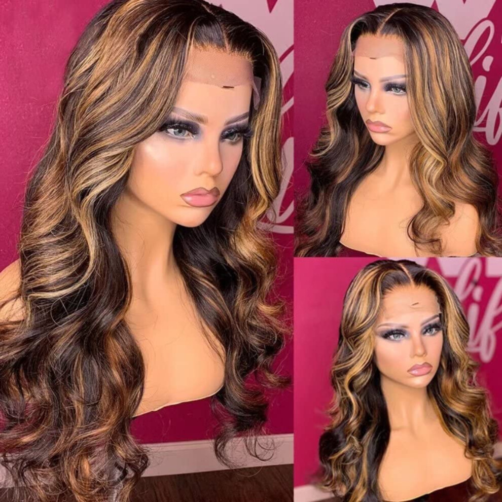 Unisex Black,Brown 24 Inch Ombre Body Wave Human Hair Lace Front Wig Pre Plucked Brown Blonde Highlight Hd Lace Glueless 13X6 Brazilian Virgin Hair For Black Women