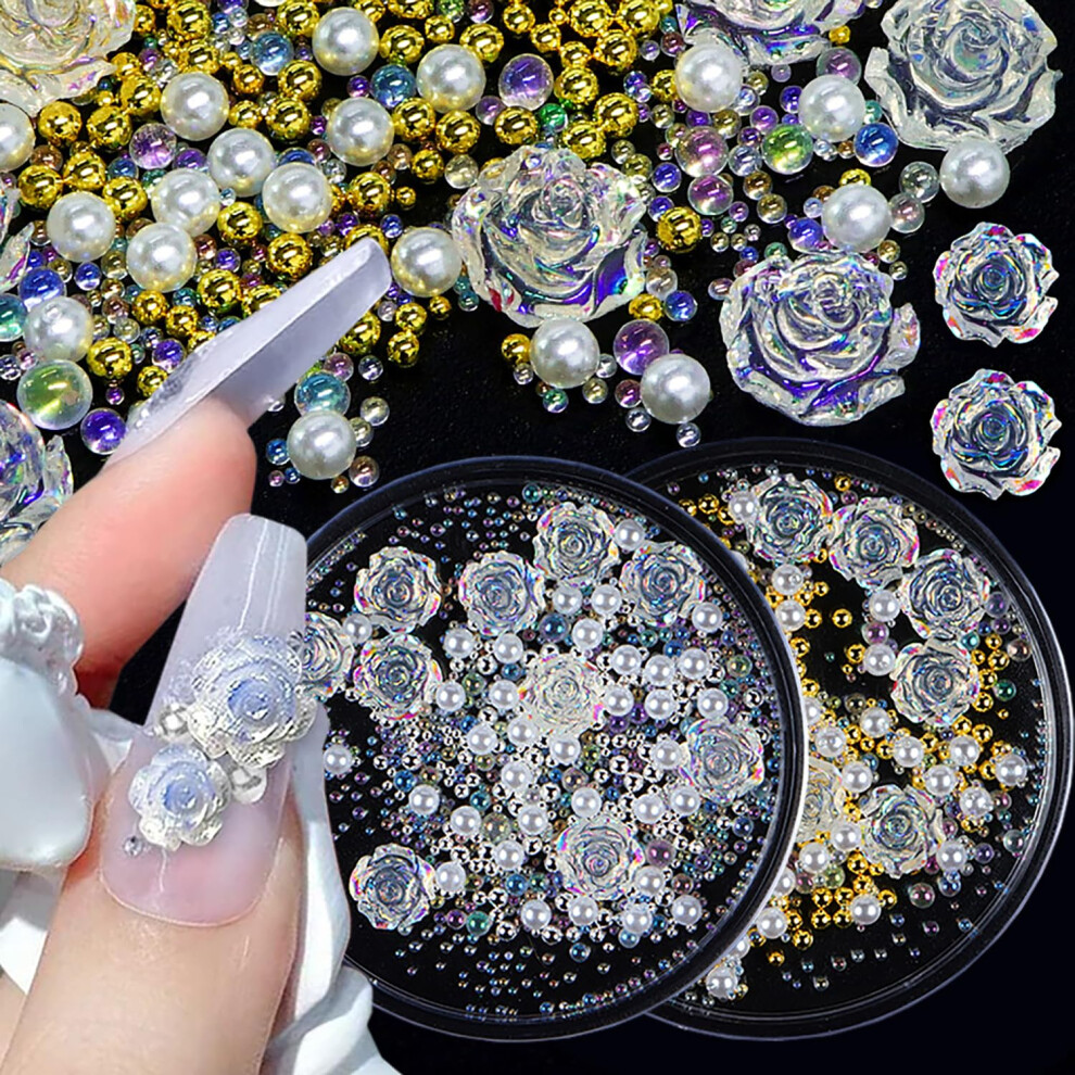 Nail Art Charms 3D Flower Pearl and Rhinestone Decorations for Acrylic Nails DIY Manicure