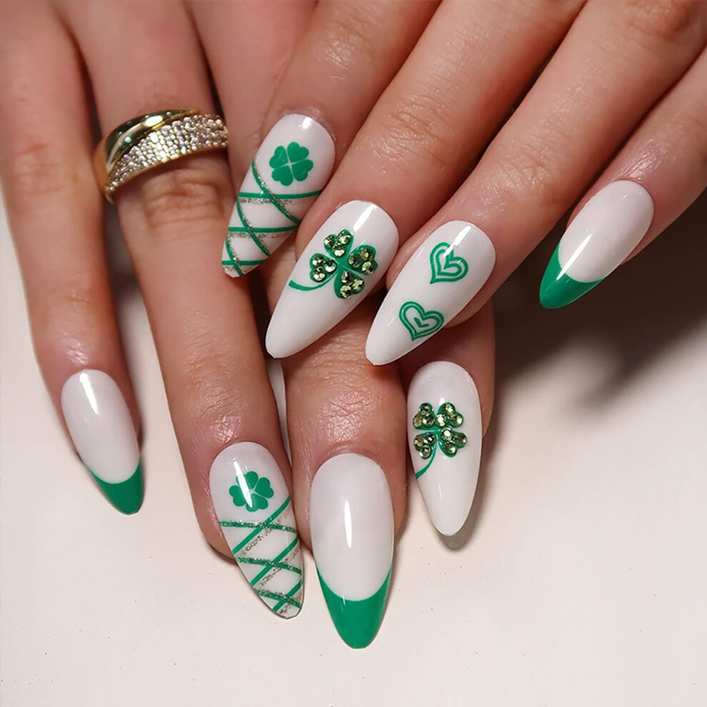 Green,Cream St. Patrick's Day Press On Nails With Rhinestones, Green Clover Fake Nails, Nude Medium Length Set