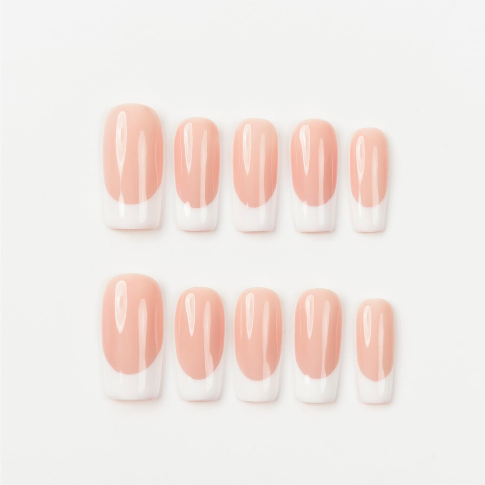 Cream Short Square Nude Press On Nails With French Tips, Glossy Reusable False Nails For Salonquality Wear