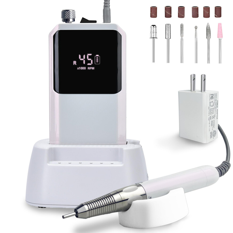Professional Nail Drill 65W Brushless 45000 RPM Cordless Electric Nail File for Acrylic and Gel with 6 Bits and Charging Dock