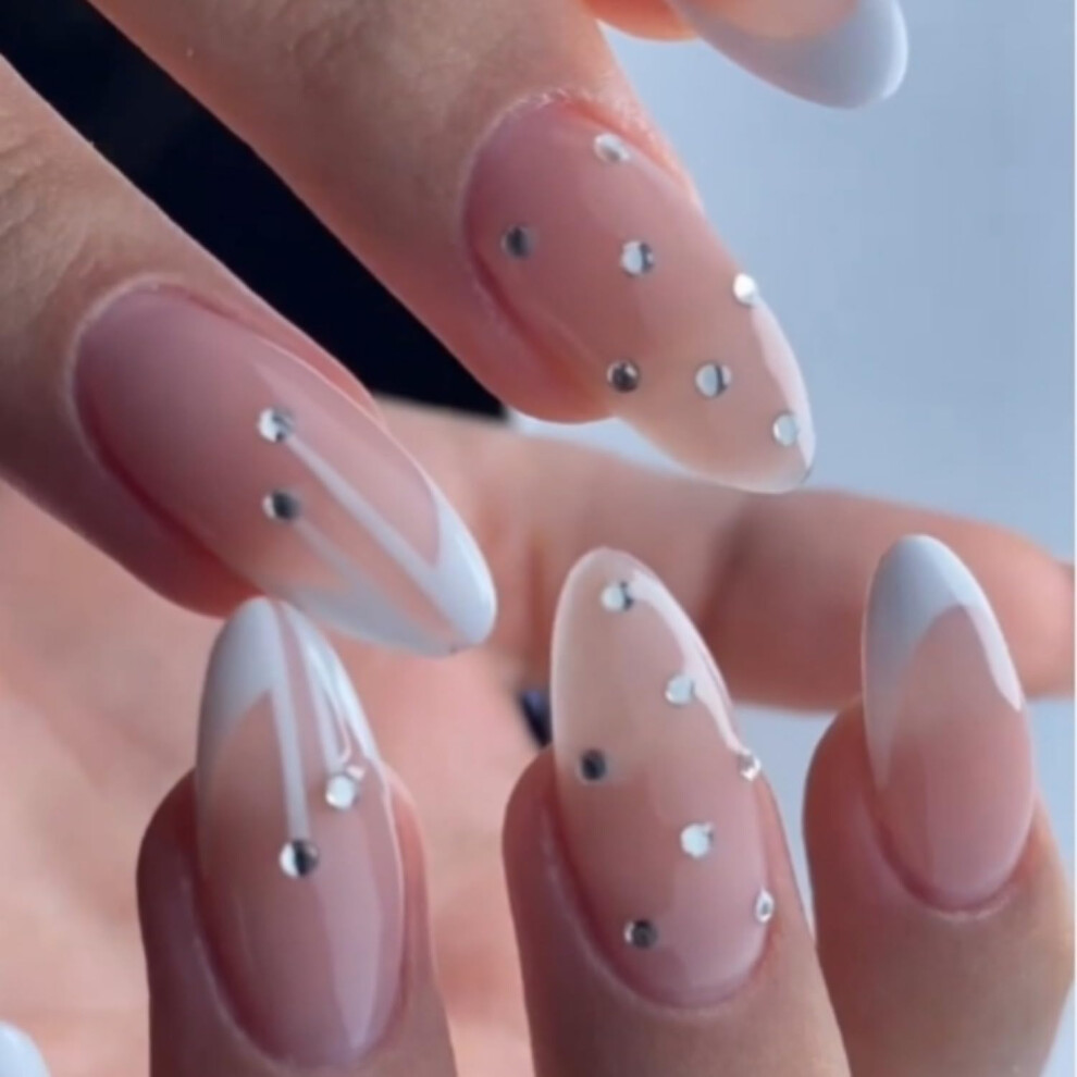 White Almond Press On Nails With Glue, French Tip Geometry Design, 24Pcs Acrylic False Nails