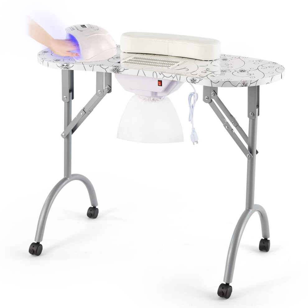 White Folding Manicure Table With Led Nail Dryer And Dust Collector, Wrist Cushion, Carry Bag