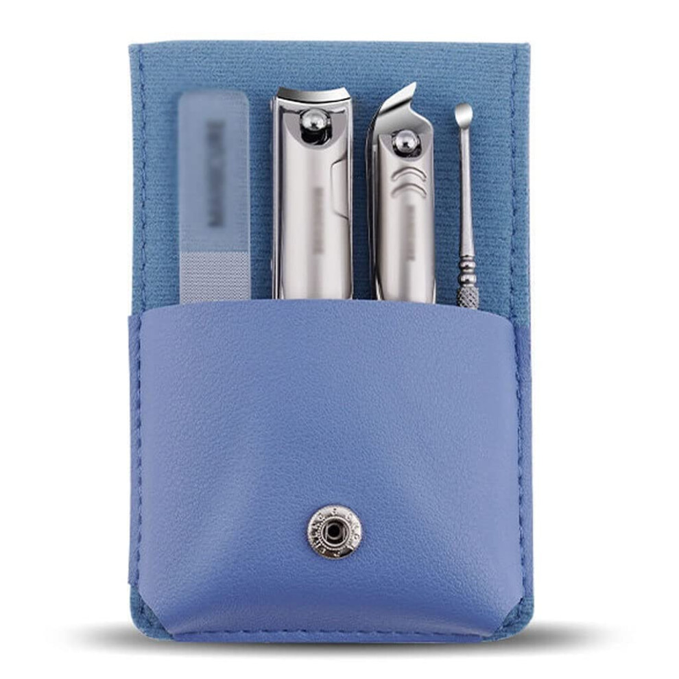 Blue Manicure Set Stainless Steel Nail Clippers Grooming Kit With Elegant Case 4Pcs