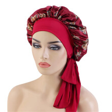 Wine Red Satin Hair Bonnet for Women African Print Long Sleeping Cap with Breathable Stretch Fabric