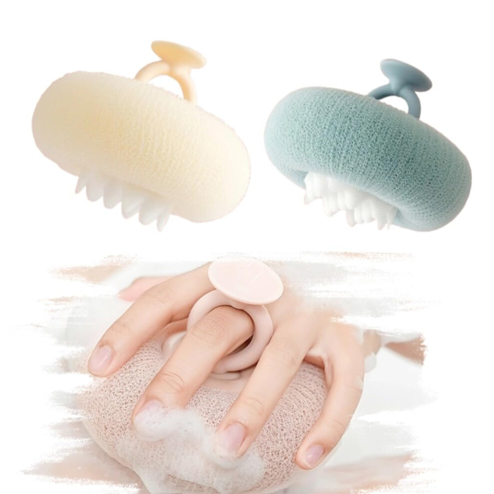 Beige Bath Sponge 2Pack With Dualsided Exfoliating Back Scrubber Mitt, Nylon Mesh, For Shower