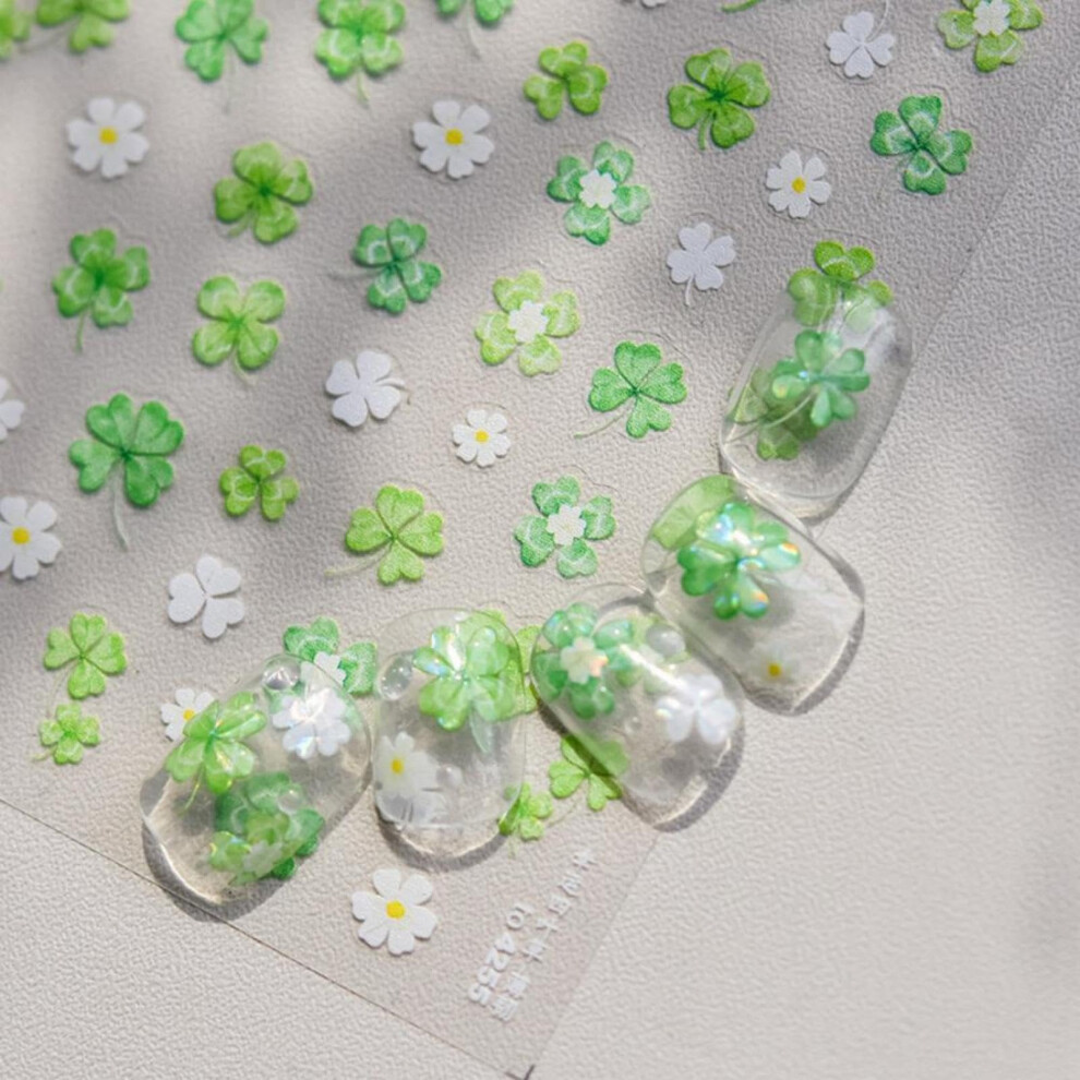 Green/White St. Patrick's Day Nail Art Stickers And Clover 5D Embossed Selfadhesive Decals
