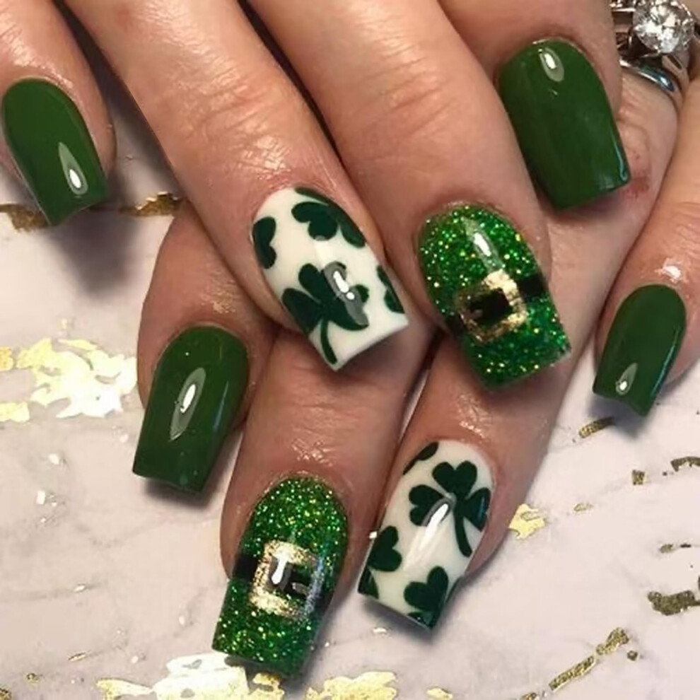 St. Patrick's Day Press On Nails with Shamrock Designs, Medium Square Fake Nails, 24Pcs
