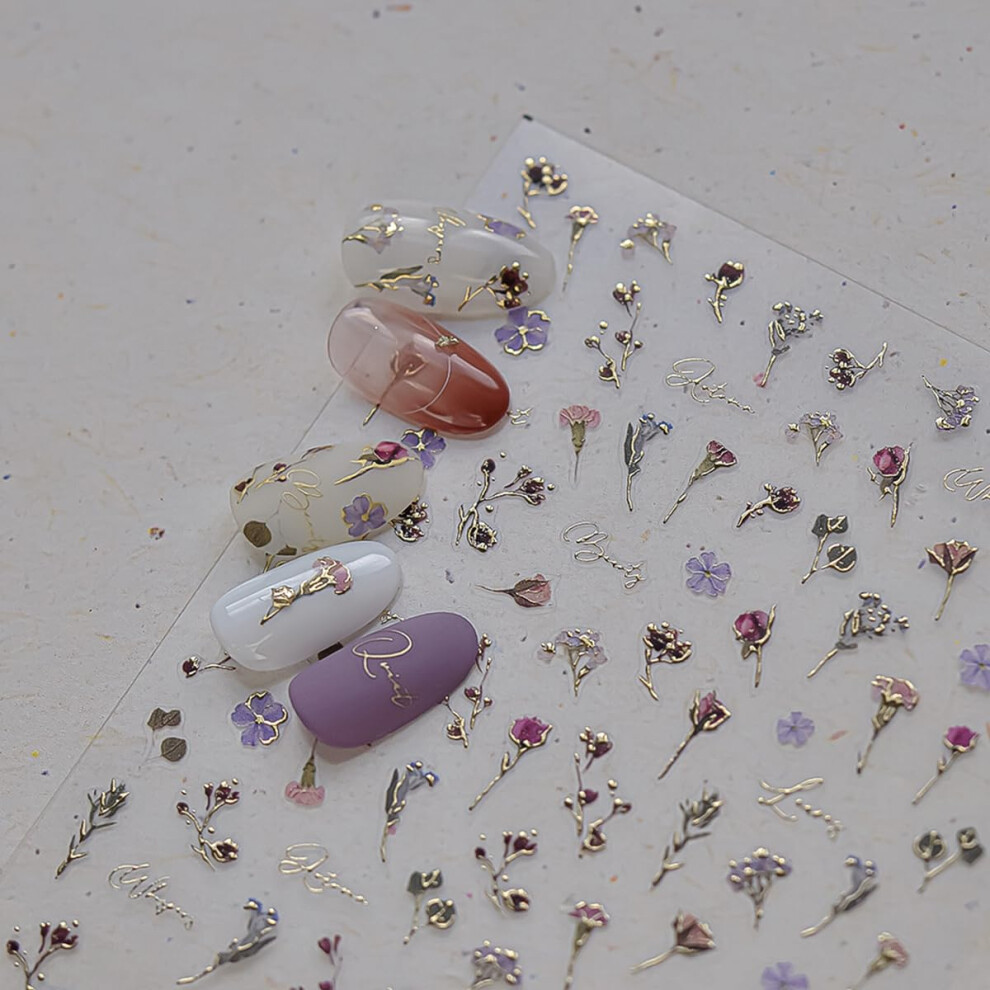 5D Embossed Spring Flower Nail Art Stickers Gold Bronzing SelfAdhesive Floral Nail Decals
