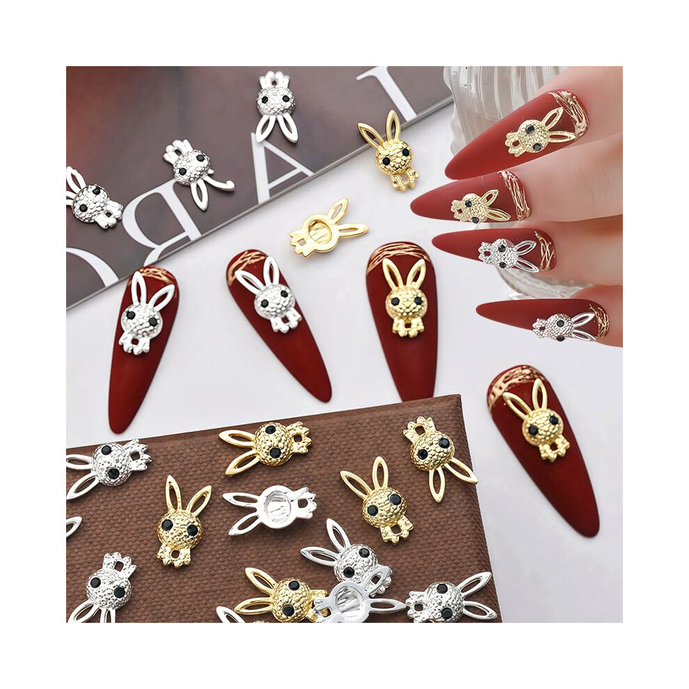 Gold/Silver 20Pcs Easter Nail Charms 3D Rabbit And Crystal Rhinestone Bunny Nail Art Decorations