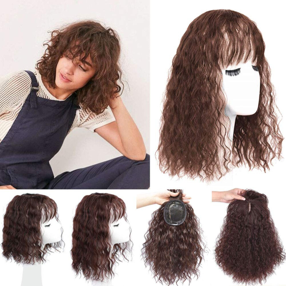 Unisex Brown Hair Topper With Bangs For Thinning Hair Clip In Curly Wavy Wiglet 35Cm Light Synthetic