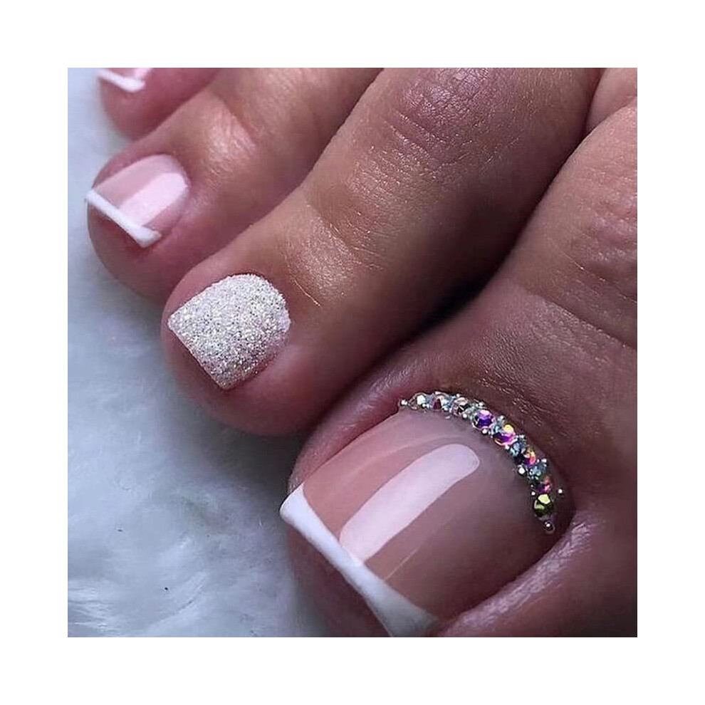 Pink Press On Toe Nails French Tips With Rhinestones Matte Glitter Square Fake Toe Nails 24Pcs