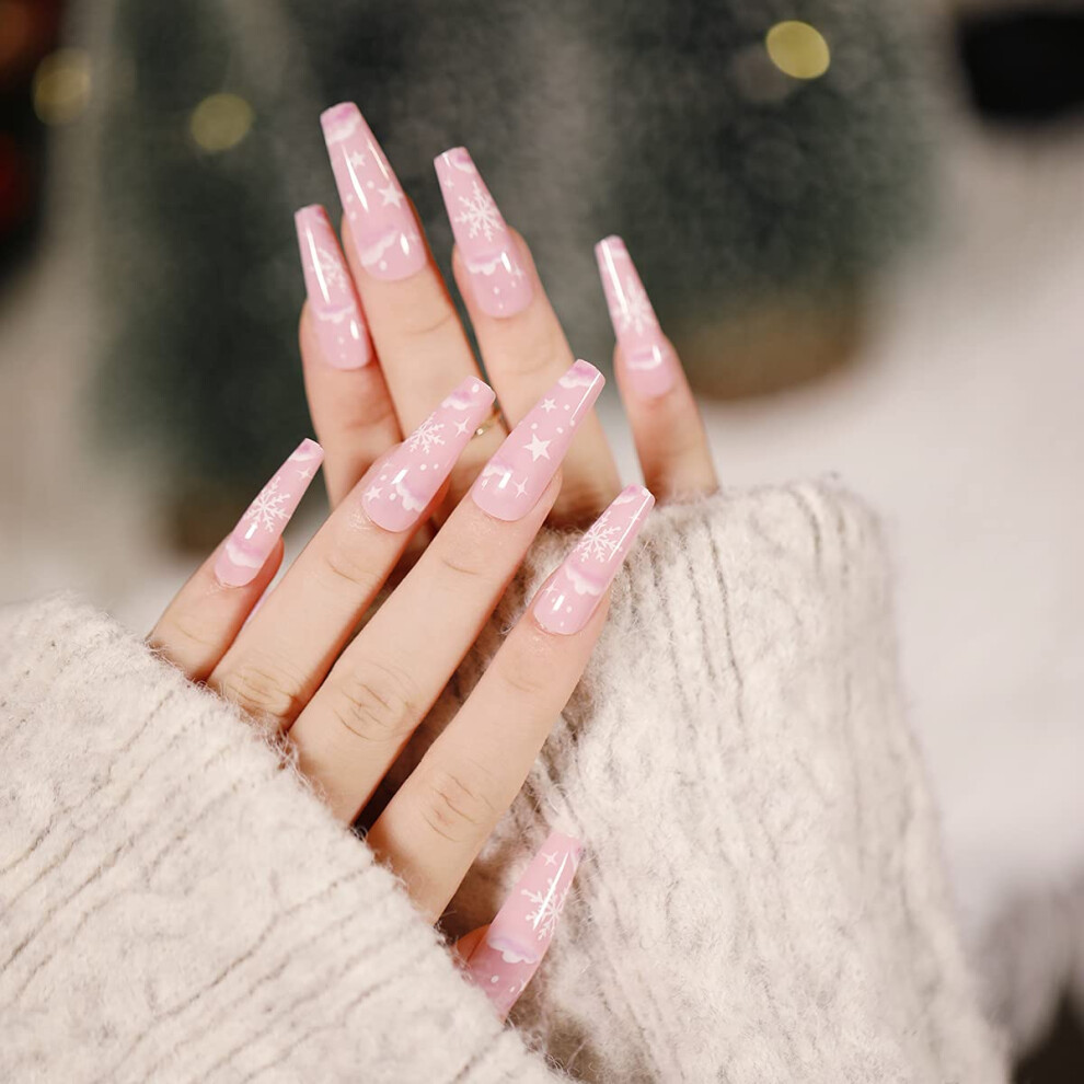 Long Coffin Press on Nails 24pcs, Glossy French Tip Acrylic Fake Nails, SalonQuality, 12 Sizes