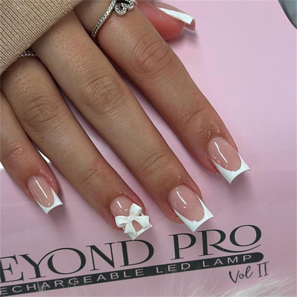 Short Square Press On Nails French Tip Butterfly Design Fake Nails Set for Women 24pcs