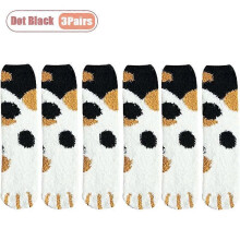 (Dot Black-3Pairs) Winter Coral Fleece Socks Mid Calf Cute Cat Paw Design Thickened Warm Sleep Socks for Women Girls Indoor Cold Weather Wear