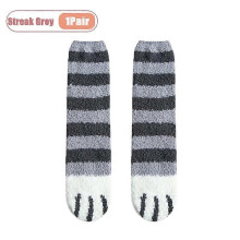 (Streak Grey -1Pair) Winter Coral Fleece Socks Mid Calf Cute Cat Paw Design Thickened Warm Sleep Socks for Women Girls Indoor Cold Weather Wear