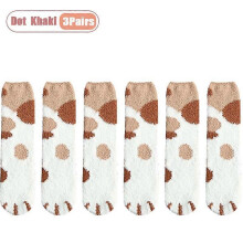 (Dot Khaki-3Pairs) Winter Coral Fleece Socks Mid Calf Cute Cat Paw Design Thickened Warm Sleep Socks for Women Girls Indoor Cold Weather Wear