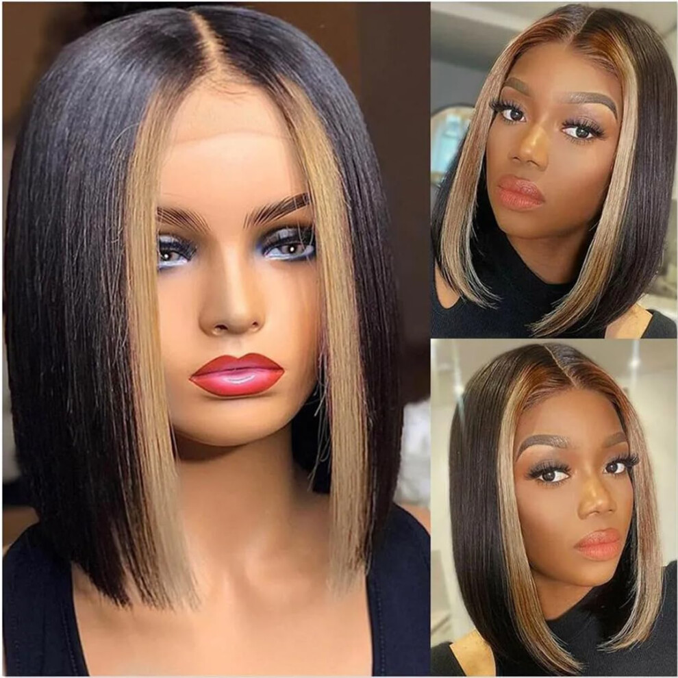 10 Inch Human Hair Lace Front Wig Ombre Blonde Bob with Highlights for Black Women