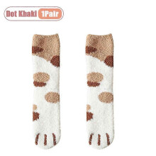 (Dot Khaki-1Pair) Winter Coral Fleece Socks Mid Calf Cute Cat Paw Design Thickened Warm Sleep Socks for Women Girls Indoor Cold Weather Wear