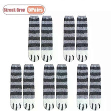 (Streak Grey -5Pairs) Winter Coral Fleece Socks Mid Calf Cute Cat Paw Design Thickened Warm Sleep Socks for Women Girls Indoor Cold Weather Wear