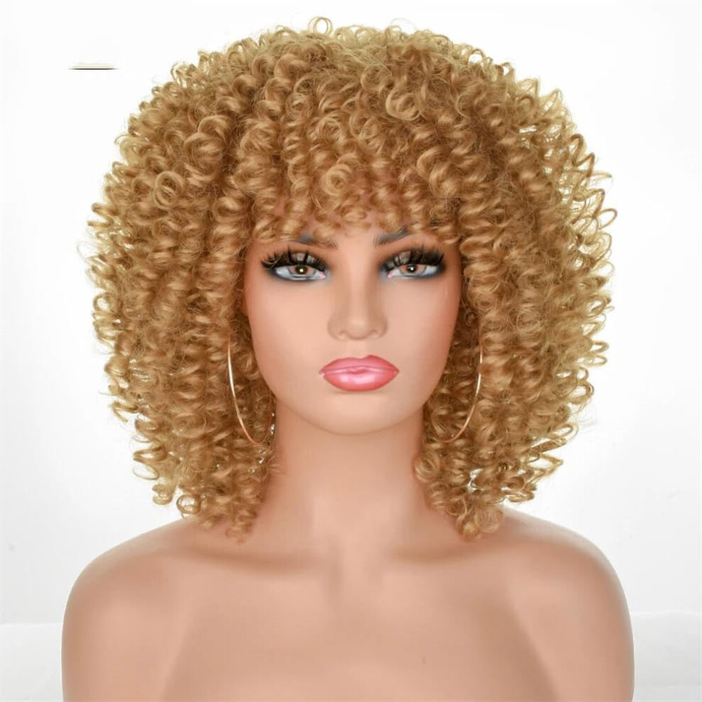Unisex Black 14 Inch Afro Curly Wig With Bangs For Women, Synthetic Heat Resistant Kinky Curls #27