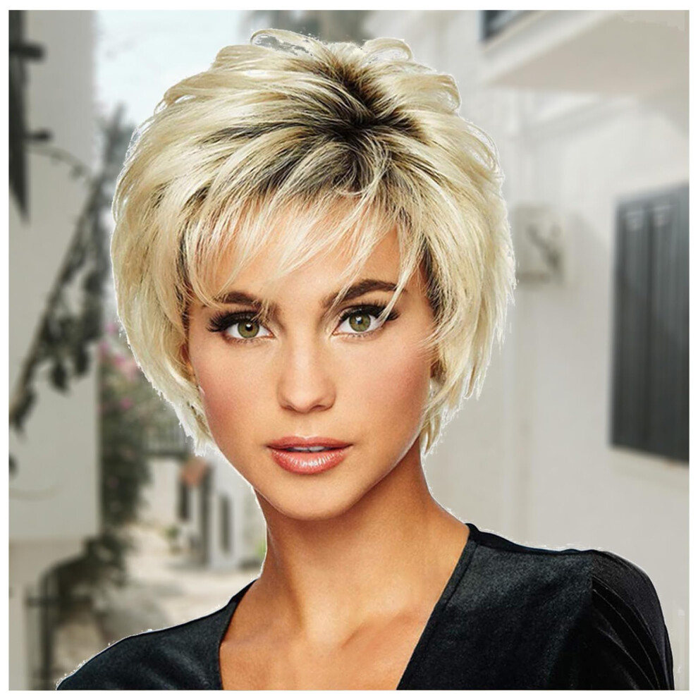 Unisex Short Blonde Pixie Cut Wig With Bangs For Women, Adjustable Synthetic Natural Style